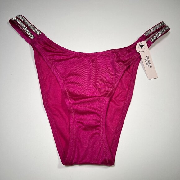 Victoria Secret Medium M Cheeky Brazilian Bikini Bottom Shine Strap Berry Blush - Picture 2 of 7